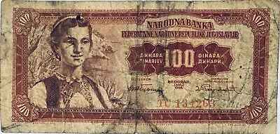 1955 Yugoslavia 100 Dinar Banknote Serbia Macedonia Montenegro Croatia Slovenia • £1.15