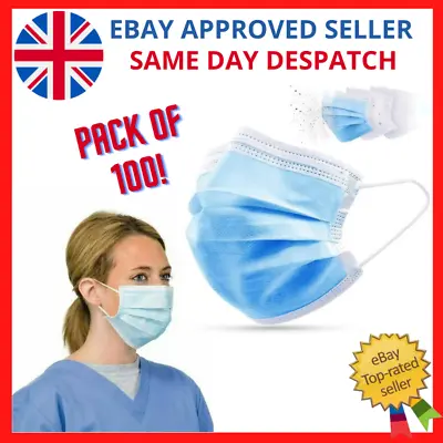 100 Disposable Face Mask Non Surgical 3 Ply Mouth Guard Cover Face Masks Protect • £5.49