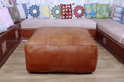 Vintage Moroccan Ottoman Leather Pouffe Unstuffed Square Wonderful Footrest • $152