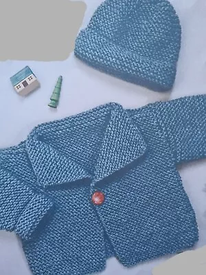 Easy Baby Fine Merino Aran Knitting Pattern Cardigan Hat 0-3 To 12 -18 Mnth (675 • £1.95