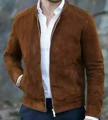 Men's Vintage Brown Genuine Suede Soft Leather Bomber Biker Jacket For Men • $132.99