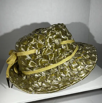 1950s Vintage SCHIAPARELLI Paris Soft Straw Brimmed  Straw Hat Gold Gold Trim • $121.23