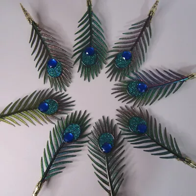 Plastic Peacock Feather Christmas Tree Ornaments Clip-On Decor Glitter Set Of 8 • $13