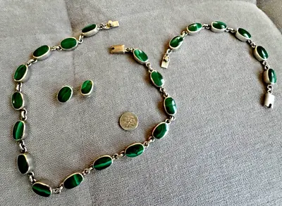 Vintage Mexico 159g  STERLING SILVER 925 Malachite Necklace Bracelet & Earrings • $275