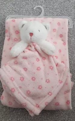 Newborn Baby Girl Fleece Blanket With Teddy Bear Snuggle Comforter Pink & White • £9