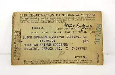 1948 Maryland Car Registration Stub Card Vintage • $11.99