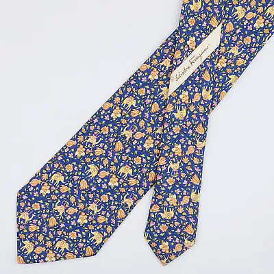 Salvatore Ferragamo Tie Necktie Floral & Elephant On Dark Blue • $30