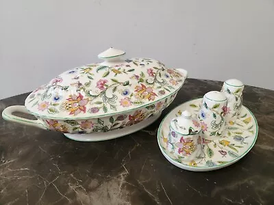 MINTON Haddon Hall Green Lidded Tureen Fluted Tureen Dish Salt/Pepper + Pot • £59.99