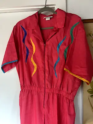 Vintage 80s Coco Bay Miam Pink Parachute Jumpsuit Romper Pockets Size L - 2XL • £43.43