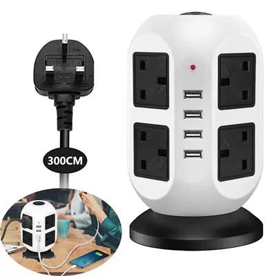 Extension 8 Way Tower Power Lead USB Multi Socket Surge Protected Socket UK New • £25.77