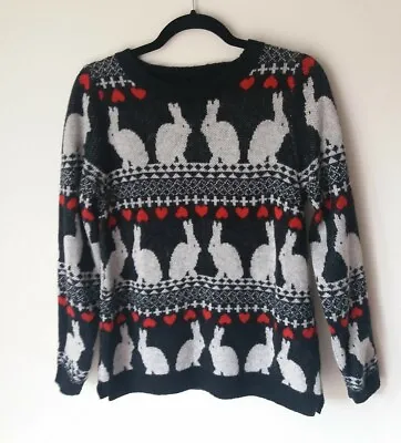 Rabbit Heart Print Jumper M&S Womens Size 10 Black White Easter Bunny Spring • £30