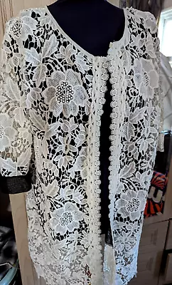 Layers Paris White Floral Lace Open Coat Jacket Blazer Top Large Lined Long • £15