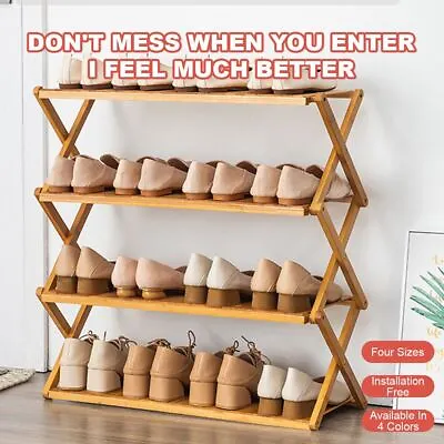 $46.99 • Buy Shoe Rack Bamboo Bench 3 4 Tier Layers Storage Foldable Shelf Stand Organiser