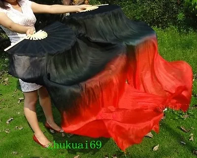 £16.68 • Buy 1 Pair(Left+Right) 100% Real Silk Belly Dance Fan Veil Black / Red (1.5m 1.8m)