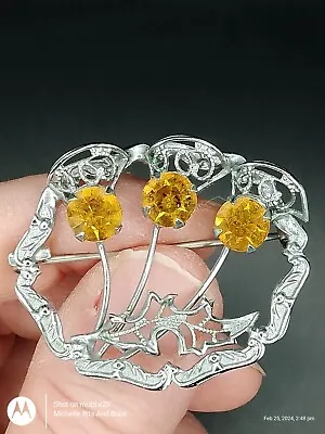MIZPAH Triple Thistle Silver Tone Brooch With Amber Glass • £20