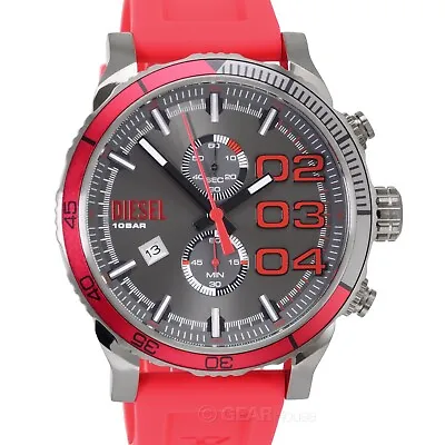 DIESEL Mens Double Down 2.0 Chronograph Watch Red Silicone Band Gray Dial • $93.45