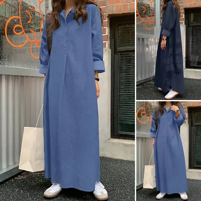 Ladies Denim Shirt Dress Long Sleeve Womens Button Up Casual Loose Maxi  • £19.37