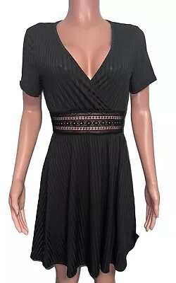 Black M Lace Insert Fit N Flair Mini Dress M Embroidered Waist New Slimming • $18