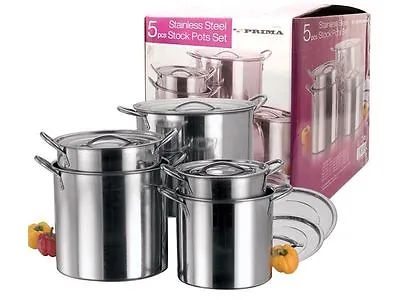£99.99 • Buy New 5 Pc Stainless Steel Large Cooking 5pc Catering Stock Pots With Handles Lids