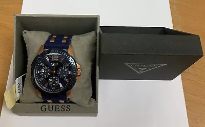 Guess W0366G4 Oasis Rose Gold Plated Blue Silicon Strap Mens Watch  (124A) • £34.99