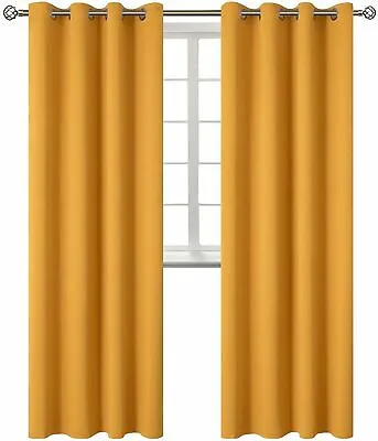 £11.99 • Buy Thermal Insulated Blackout Eyelet Ring Top Curtains PAIR + Tie Backs Mustard New