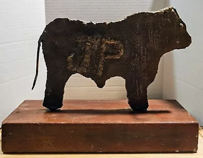 Vintage Primitive Handcrafted Cast Iron Metal Bull Cow Steer On Wooden Base 8.5  • $32