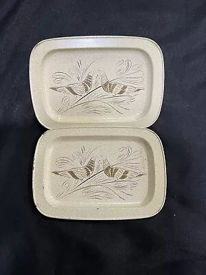 2 Vintage Metal Serving Trinket Tip Rolling Trays  5 X 7” Beige W/ Birds • $9.99