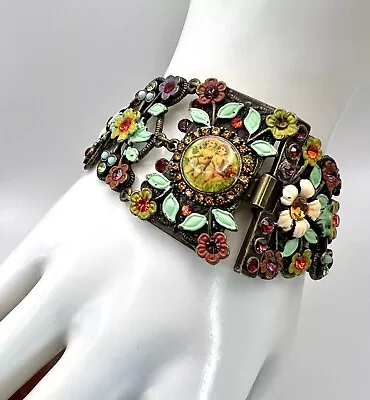 Vintage Michal Negrin Wide Statement Bracelet Enameled Flowers Crystals Cupid • $99