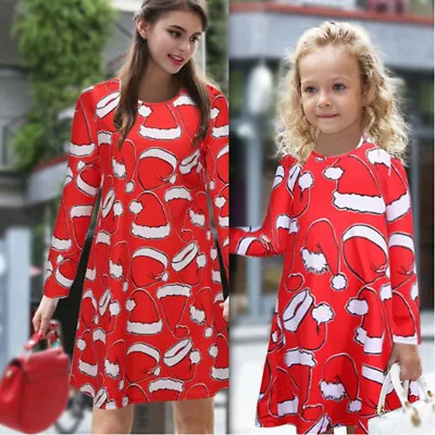 Girls Children Xmas Mother Daughter Christmas Father Santa Bow Print Dress • $17.71