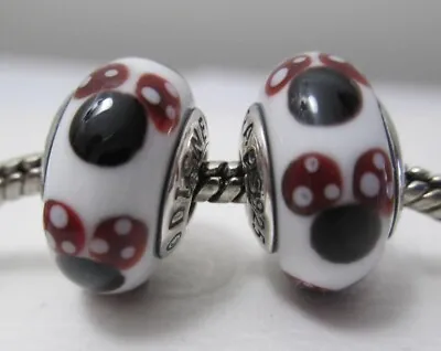 2 Authentic Pandora Murano Glass Charm White Dot Red Classic Disney Minnie Mouse • $37.49