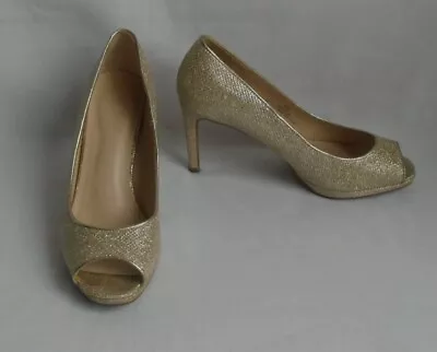 M&S Insolia Shoes Court Size 4 ½ Silver Glittery Open Peep Toe With 8cm Heel • £9.99