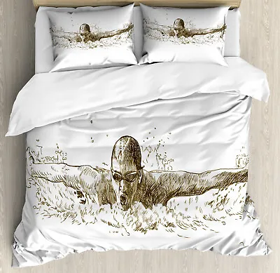 Black White Duvet Cover Set With Pillow Shams Olympics Swimming Print • £86.85