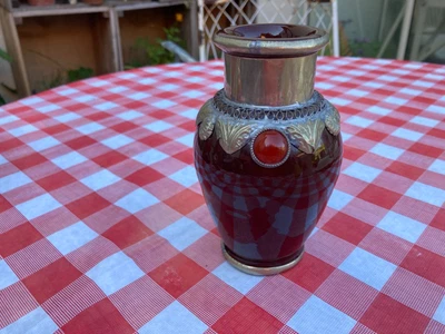£10 • Buy Gorgeous Vintage Moroccan? Burgundy Colour Pottery & Faux Silver / Jewels Vase
