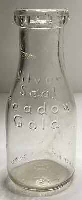 Vintage Glass Milk Bottle Silver Seal Meadow Gold Embossed One Pint • $27.99