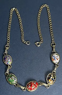Millefiori Glass Cabochon Necklace 17.5” Curb Link Vintage Original • $24