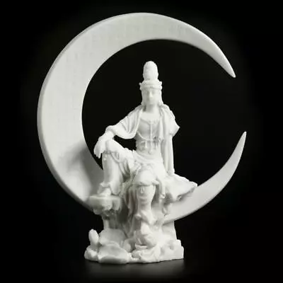 $69.95 • Buy KWAN YIN On CRESCENT MOON STATUE 8.25  White Marble Resin Water & Moon Quan Yin