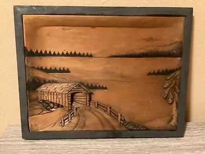 OOAK WILMER J. SAVELA 'The Covered Bridge' Hand Carved  Folkart Signed • $88.20