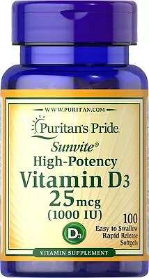 Puritan's Pride Vitamin D3 25mcg (1000 IU) - 100 Softgels • $4