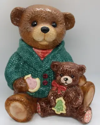 VTG Hand Painted Teddy Bear Cookie Jar Green Sweater Small Bear And Cookies Read • $24.99