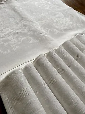 £195 • Buy XL French Damask Linen Tablecloth & 9 Napkin Set Trousseau Chateau 220 Cm White