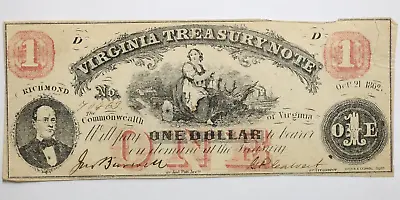 1862 $1 Obsolete One Dollar Commonwealth Of Virginia Treasury Note Richmond Va. • $29.99