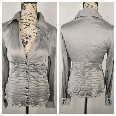 Marciano Top Womens Small Button Up Top Deep V Neck Silver Textured Silk Blend • $32.78
