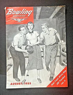 August 1955 Bowling Magazine: Great Image Cover; 2 Flirty Men Helping Woman • $19.95