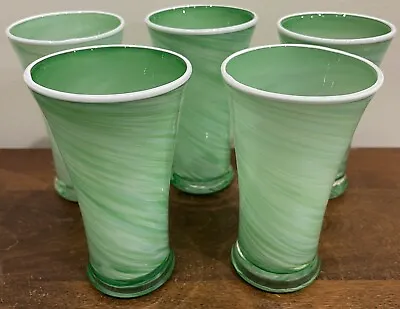Set Of 5 Vtg Hand Blown Murano Glass Green White Swirl Pilsner Tumblers Retro • $39.78