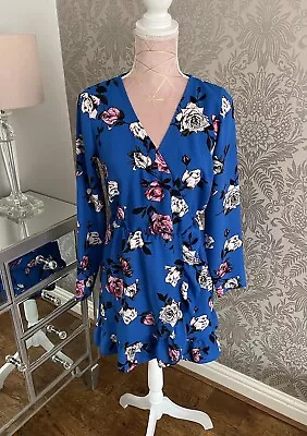 Miss Selfridge Dress Size 8 Blue Floral Long Sleeve Wrap Style Dress With Ruffle • £5