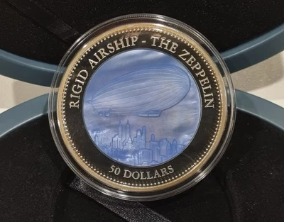 $500 • Buy RARE: 2013 $50 Mother Of Pearl Zeppelin Over Twin Towers. 5oz Silver Proof Coin