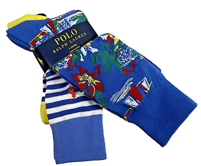 POLO RALPH LAUREN Men's 2 Pack CREW SOCKS HAWAII Pattern Blue White STRIPE Pony • $16.15