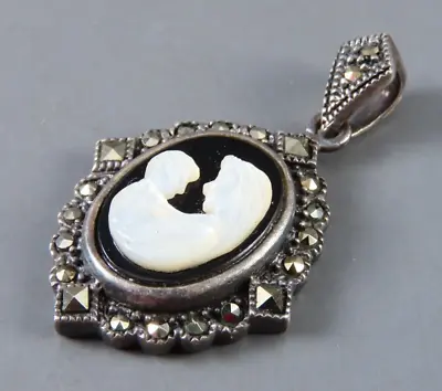 VTG STERLING SILVER PENDANT Carved Mother/Pearl MOTHER/CHILD CAMEO Black Onyx • $14.40