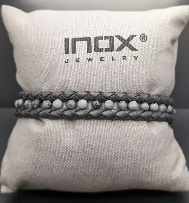 INOX Men's Jewelry Bracelet - Brown Braded Leather/Holite Stone Beads NWT • $30