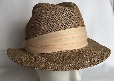 United Hatters Cap Millinery Unisex Fedora Hat Sz M Made In USA Woven Straw Tan • $24